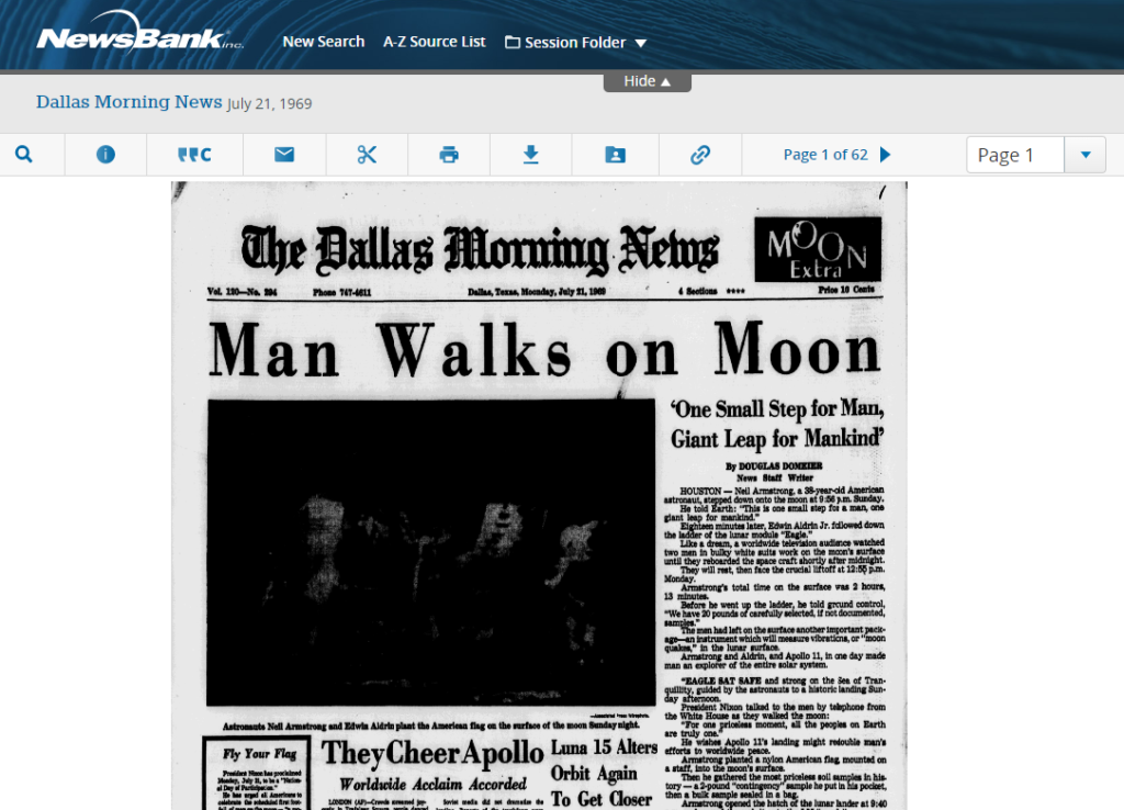 The front page of the Dallas Morning News showing the Apollo landing