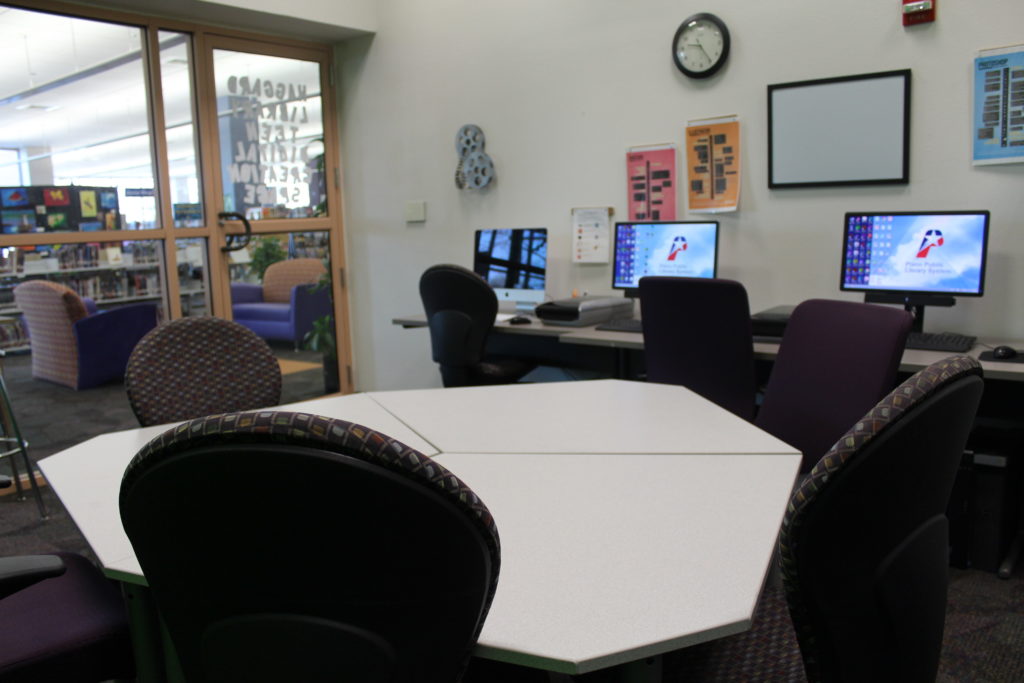 A view of computers in the Digital Creation Space at Haggard Library