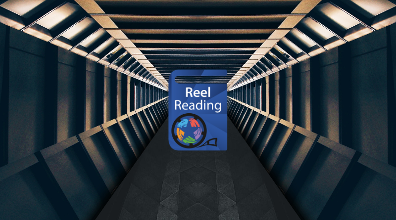 Hallway on a space ship with the Reel Reading logo