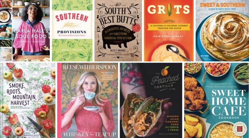 Photo collage of southern cookbooks available in the Plano Public Library collection