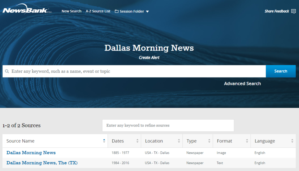 A screenshot of the NewsBank website showing Dallas Morning News