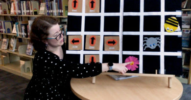 Library staff using a flannel board with a grid, pointing to a fabric flower