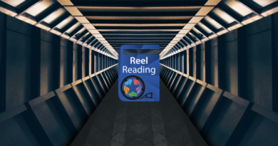 Hallway on a space ship with the Reel Reading logo