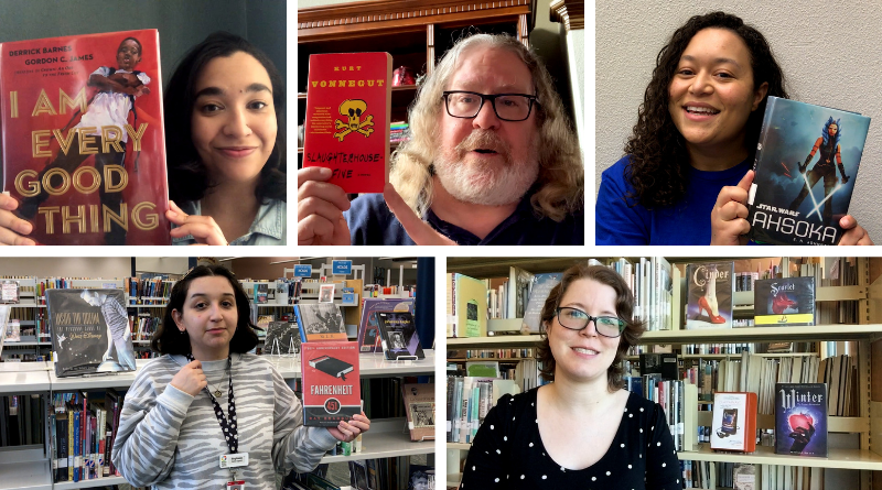 Five library staff showing books they recommend