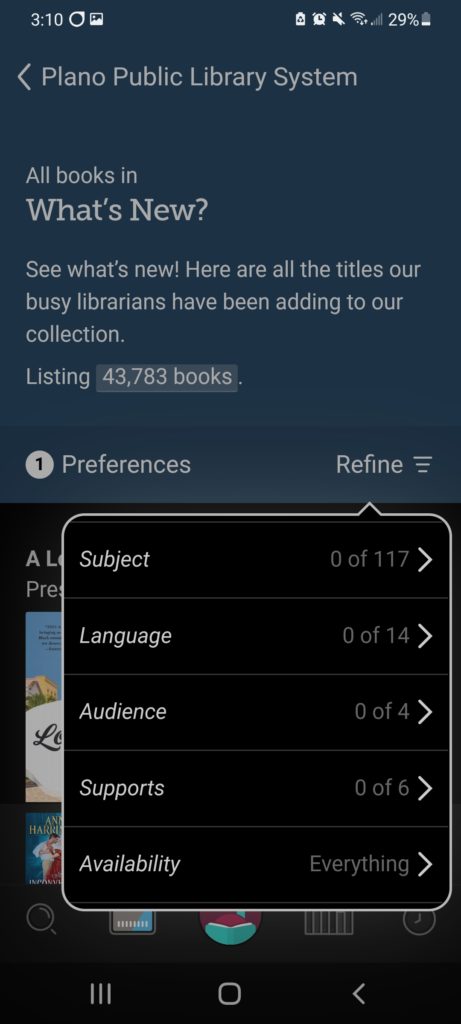 Screenshot of the Libby app's refine filter menu